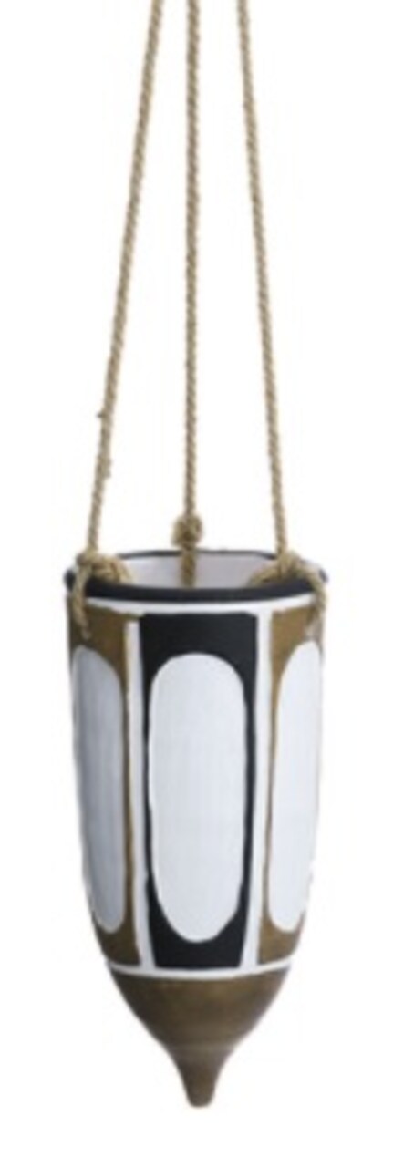 Allstate 14" White, Black and Brown Tribal Decorative Hanging Ceramic Planter with Rope